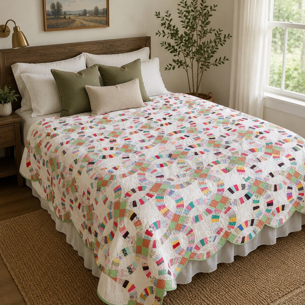 Handmade Vintage Double Wedding Ring Quilt Full Queen Multi Scalloped Fair Scrap